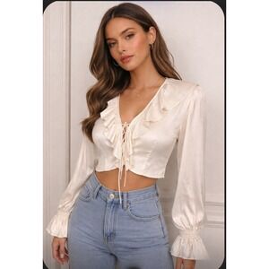 Verge Girl Cream Ruffle Tie Front Crop Blouse Long Sleeve Smocked Cuff Top Sz 8
